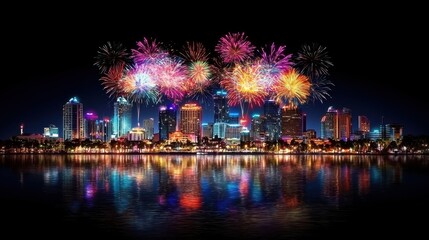 A vibrant city skyline illuminated by colorful fireworks reflecting on the water at night.