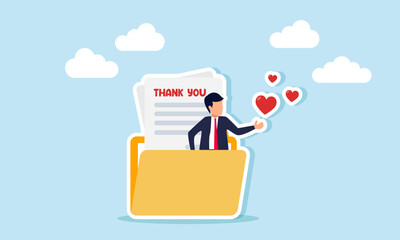 A businessman sprinkles several hearts out of a folder containing papers with the words THANK YOU, illustration of appreciation, satisfaction, and gratitude for good performance