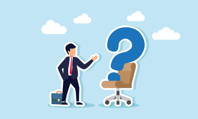 A businessman appears to be talking to a question mark sitting on a chair, illustration of questioning job availability for a position