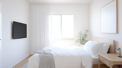 Serene Bedroom Interior: A bright and airy bedroom, minimalistic design, features a comfortable bed, a mounted television, window, and simple decor, promoting a sense of calm and relaxation.