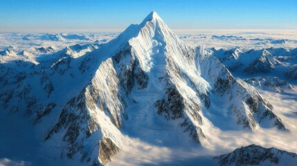 Fototapeta premium A breathtaking snow-capped mountain peak rises majestically above the clouds, showcasing stunning natural beauty under a clear blue sky.