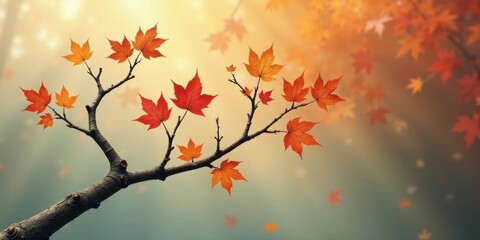 Obraz premium Autumnal Branch with Vibrant Maple Leaves Displaying Seasonal Hues and Natural Beauty