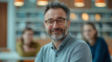 Obraz premium 50 year old Latino business manager smiling at workplace, with blurred coworkers in background