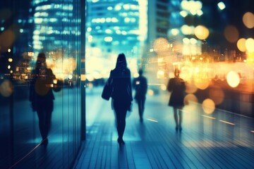 Silhouetted Figures Walking City Street Night Blurred Bokeh Lights Cool Tones Urban Scene Evening