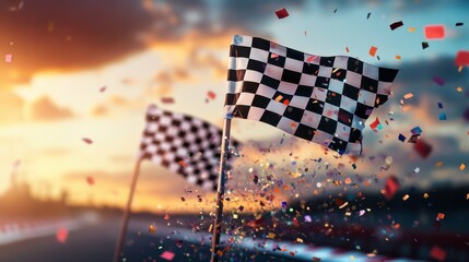 Festive Checkered Flags with Confetti in Sunset Light