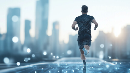 Man's Urban Run: Silhouette of a determined man sprinting through an urban landscape, silhouetted against a vibrant cityscape. The photo embodies the spirit of movement, fitness, and ambition.