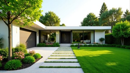 Fototapeta premium Modern Architectural Design of a Luxurious Suburban Home Featuring a Landscaped Lawn and Stone Walkway