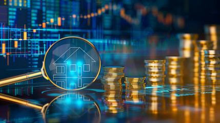 Magnifying glass highlighting a house with stacked coins and financial market analysis in the background