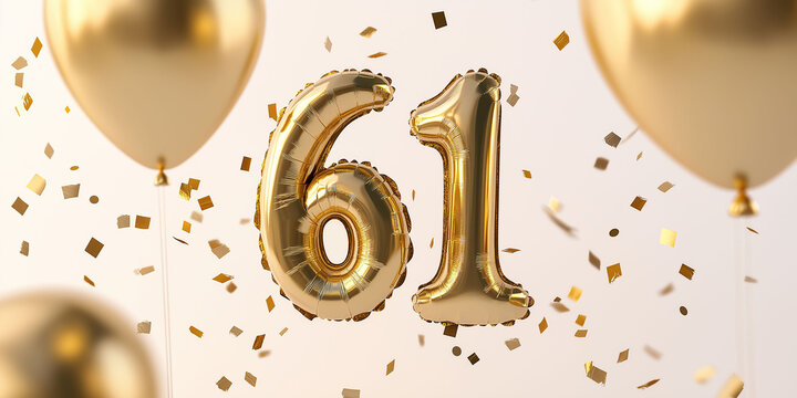 Birthday or anniversary decorations, with golden balloons in the shape of the number 61 and confetti