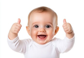 Happy baby giving thumbs up against a white background. The baby is wearing a white onesie and has a joyful expression