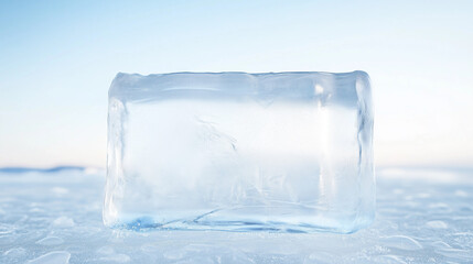 Obraz premium Crystal Clear Ice Block: A pristine rectangular block of ice, its facets shimmering in the sunlight, rests on a frozen surface, evoking a sense of purity and the raw beauty of winter.