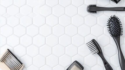 Arrangement of various hairbrushes and combs on a white hexagonal tiled surface