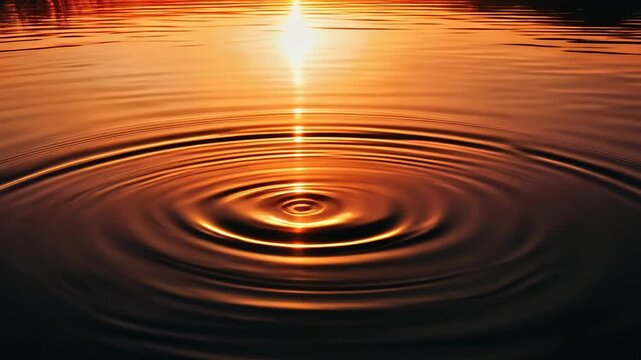 Golden ripple effect on serene water surface at warm sunset
