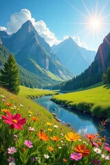 Serene Mountain Valley Landscape with Vivid Wildflowers and a Gently Winding River Under a Bright Sunny Sky