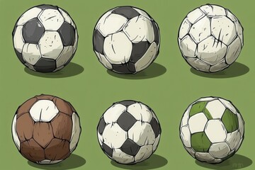 Six Used Soccer Balls On Green Backgrounds