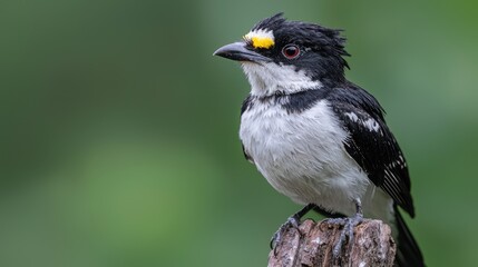 Fototapeta premium Yellow-spotted barbet perched on a wooden post in a lush green forest during the day.
