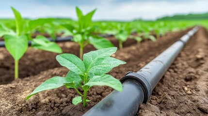 Close up view of vibrant green seedlings thriving in rich brown soil, nurtured by a black irrigation pipe. Sunlight gently illuminates the scene