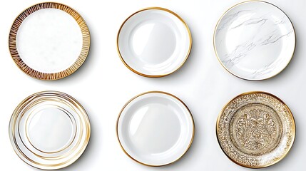 Elegant White Dinner Plates with Gold Accents Set of Six Marble Patterned Plain Designs
