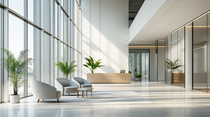 Modern office lobby with minimal design, embodying simplicity and professionalism in a clean, natural light setting.