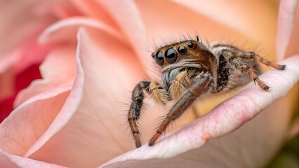 Spider's Perch: A macro view of a jumping spider perched on a delicate pink rose petal, showcasing intricate details of the spider's features and the rose's texture