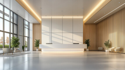 Fototapeta premium Modern office lobby with minimal design, embodying simplicity and professionalism in a clean, natural light setting.