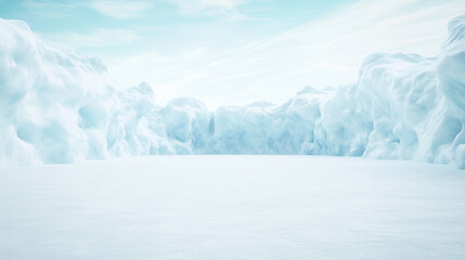 Frozen Expanse: An expansive vista of snow and ice under a bright sky, evoking feelings of cold, isolation, and untouched wilderness.