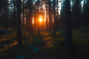 Fototapeta premium Illuminating glow through towering trees in serene woodland landscape