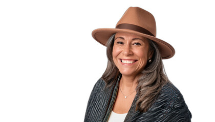 Portrait of a smiling Brazilian latino mature woman wearing a hat