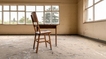 Fototapeta premium A solitary wooden chair at a dusty table in an empty, sunlit classroom with peeling walls