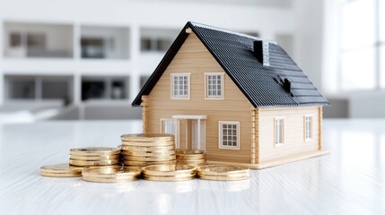 House model, coins, financial investment, bright office background