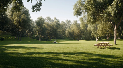 Obraz premium Sunny Park Picnic Spot: A tranquil picnic table sits invitingly in a sun-drenched park, surrounded by lush green grass and towering trees, promising a relaxing escape.