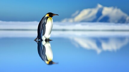 Fototapeta premium A solitary emperor penguin standing gracefully on ice with clear blue skies and distant mountains reflecting in the still surface, capturing a serene moment in the Antarctic landscape