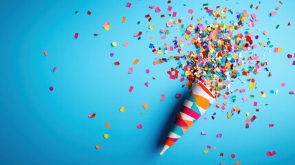 Colorful confetti exploding from party popper on blue background