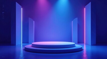 Fototapeta premium Abstract Blue and Purple Neon Lit Stage with Cylindrical Pedestal