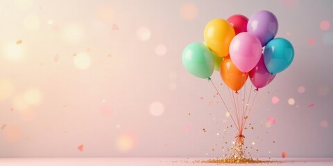 A cluster of colorful balloons floats gently, adorned with shimmering golden confetti, against a soft pastel background, celebrating joyous moments and festive occasions.