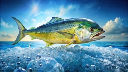 Fototapeta premium Fresh raw Mahi Mahi fish displayed on ice, with scales glistening in the light