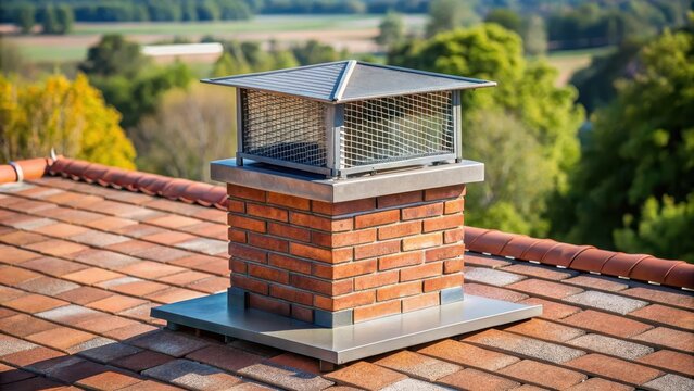 Chimney cap installed on roof to keep rodents out of building, pest prevention, rodent exclusion methods