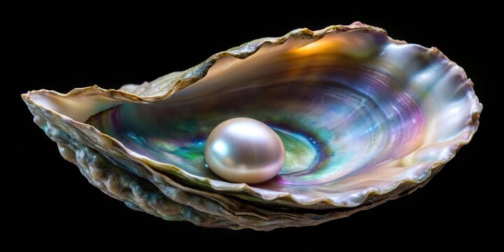 Close-up of a natural pearl inside an oyster shell on a black background, pearl, iridescent glow