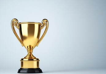 Gold trophy on a simple light gray background. The trophy has ornate handles and a classic design. Clean and minimalist image perfect for achievement