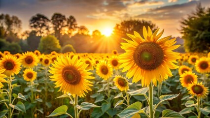 Obraz premium Golden Hour Sunbeams Illuminate a Vibrant Sunflower Field at Sunset