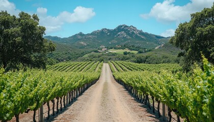Fototapeta premium Serene Vineyard Landscape with Lush Grapevines Under Clear Blue Sky and Majestic Mountains