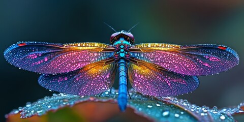 A vibrant dragonfly glistening on a leaf with dew, Generative AI