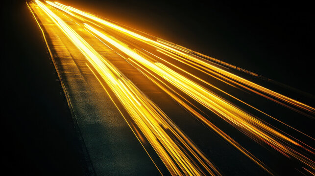 A long-exposure photograph of yellow light trails on the asphalt road at night