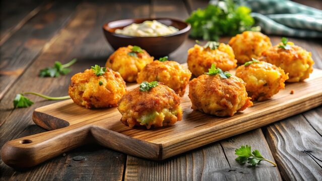 Crispy golden conch fritters sizzling on a wooden cutting board , kitchen, conch