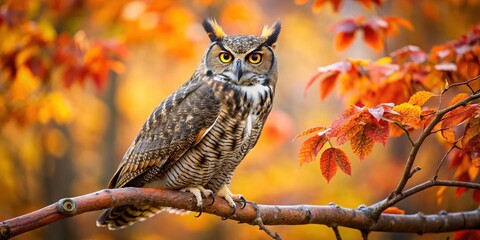 Majestic great horned owl perched on a branch among autumn leaves with intricate details of its feathers and sharp talons, wildlife photography, owls in trees