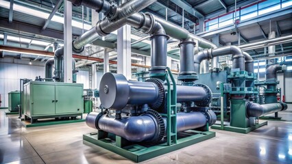 Centrifugal chiller system in operation with pumps and condenser installed in a large data center , information technology, mechanical systems