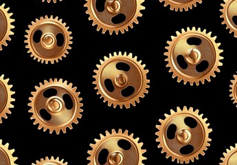Golden gears on black background. Intricate, metallic texture. Repeating pattern ideal for industrial or steampunk designs