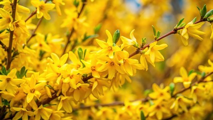 Obraz premium Detailed close-up shot of blooming yellow forsythia branches with delicate yellow flowers and lush green foliage in a garden setting, forsythia blossom, yellow flora