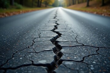 Obraz premium A long, deeply cracked asphalt road stretches into the distance, showcasing the texture and damage of time and weather