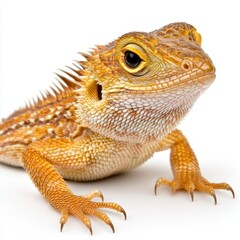 Fototapeta premium Close up of a small, golden brown lizard against a white background. The lizard's textured skin and sharp claws are visible. Its head is slightly
